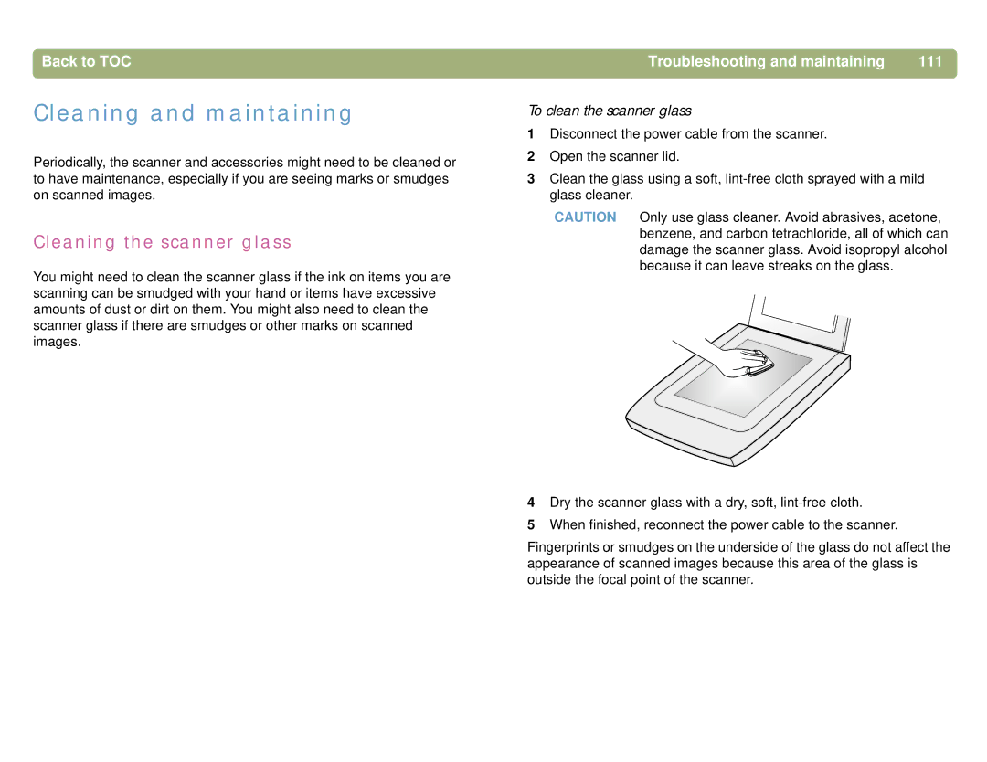 HP 5400C, 4400C manual Cleaning and maintaining, Cleaning the scanner glass, Troubleshooting and maintaining 111 