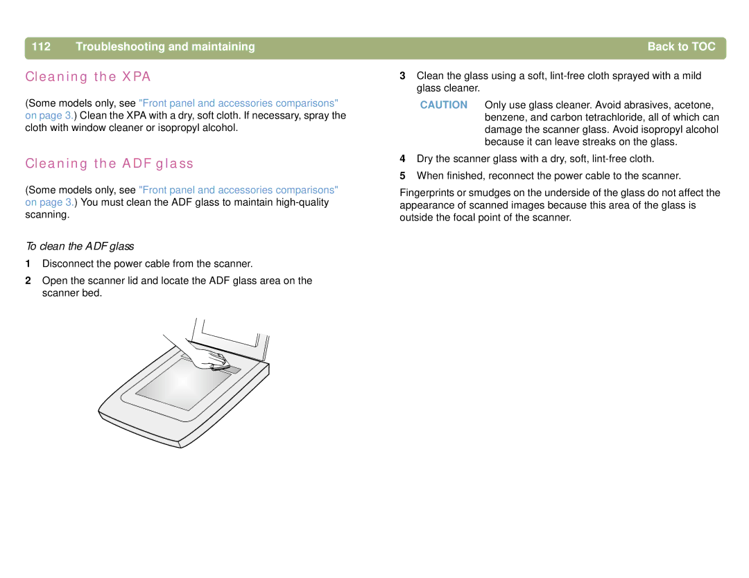 HP 4400C, 5400C manual Cleaning the XPA, Cleaning the ADF glass, To clean the ADF glass 
