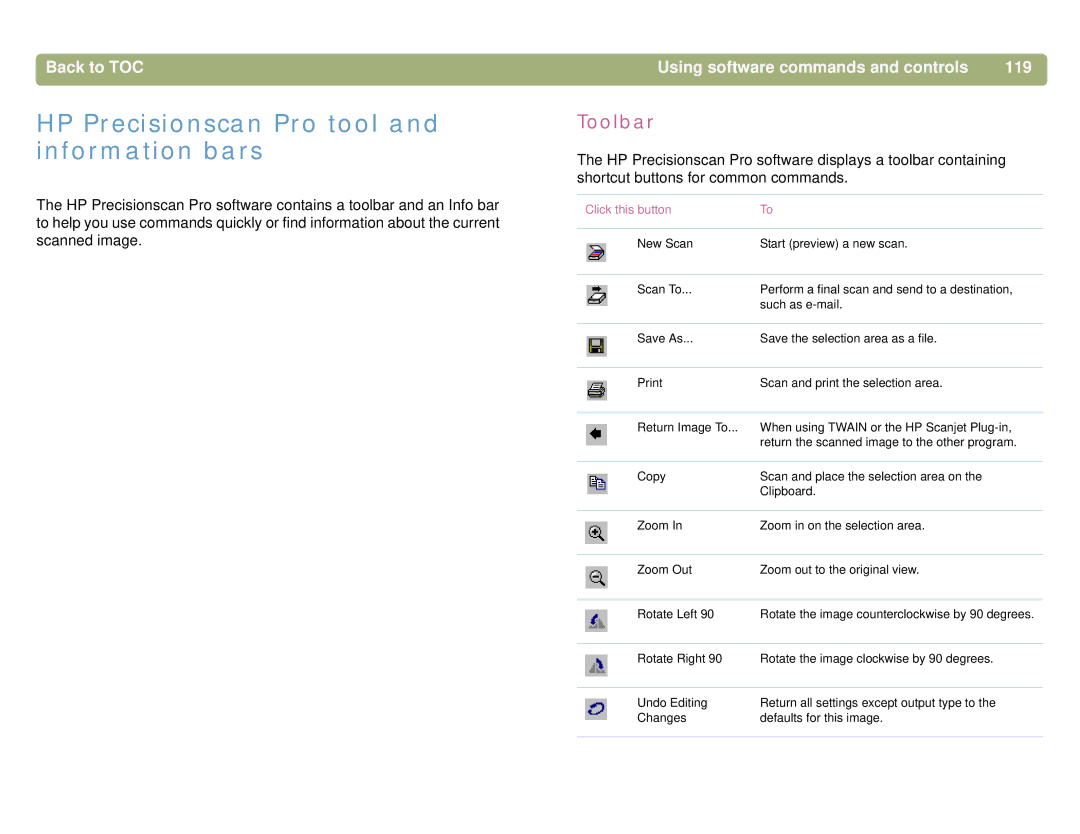 HP 5400C, 4400C manual HP Precisionscan Pro tool and information bars, Toolbar, Using software commands and controls 119 