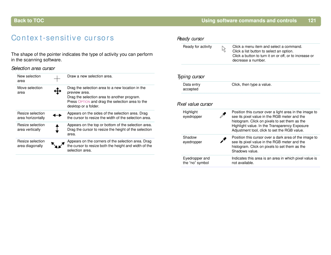 HP 5400C, 4400C manual Context-sensitive cursors, Using software commands and controls 121 