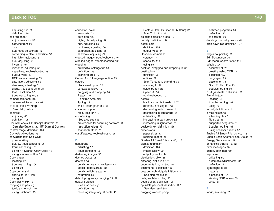 HP 4400C, 5400C manual Back to TOC 140, See also settings 