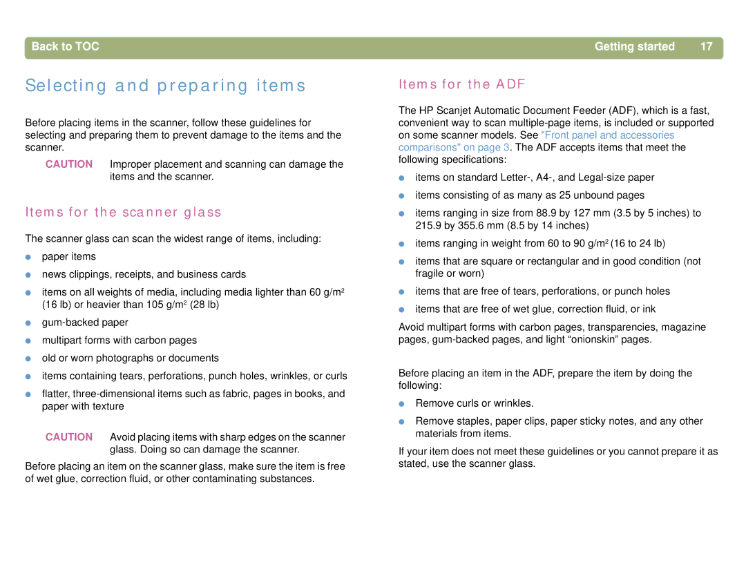 HP 5400C, 4400C manual Selecting and preparing items, Items for the scanner glass, Items for the ADF 