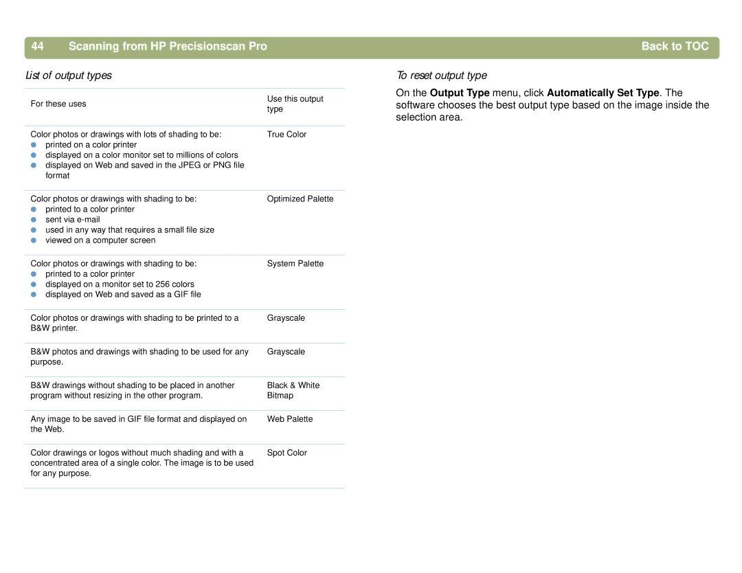 HP 4400C, 5400C manual List of output types, To reset output type 