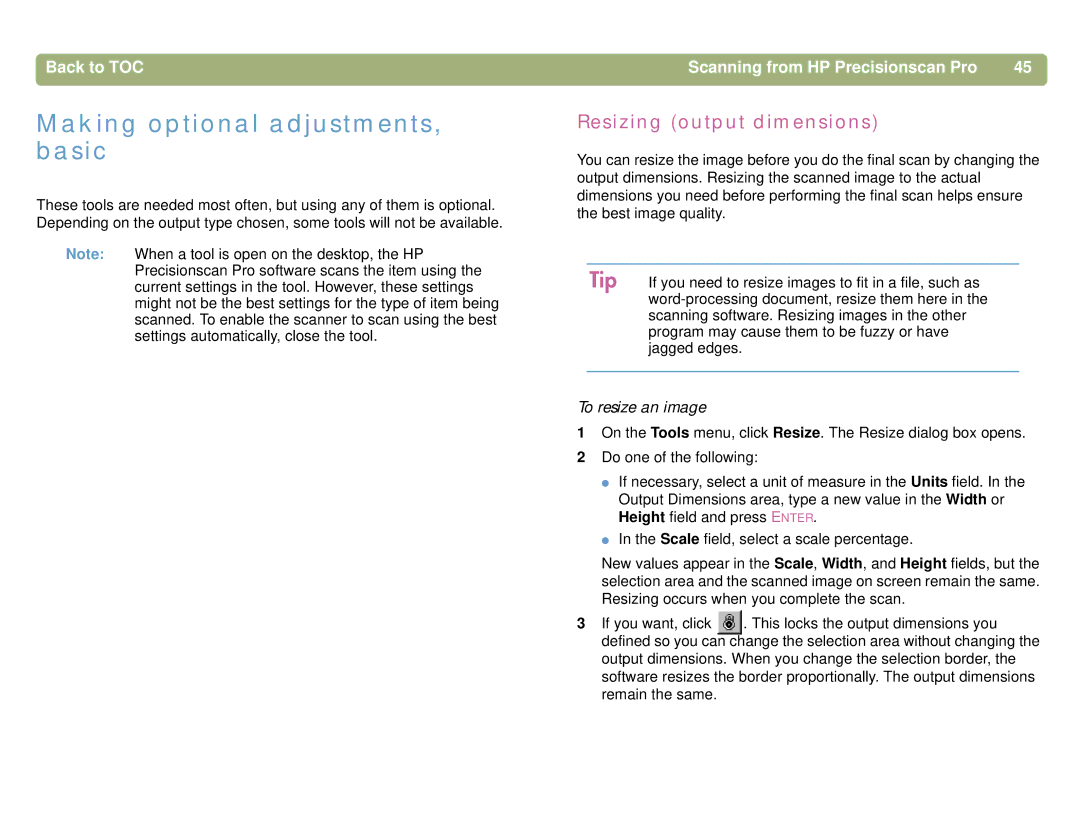 HP 5400C, 4400C manual Making optional adjustments, basic, Resizing output dimensions, To resize an image 