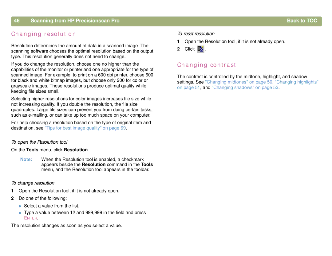 HP 4400C Changing resolution, Changing contrast, To open the Resolution tool, To change resolution, To reset resolution 