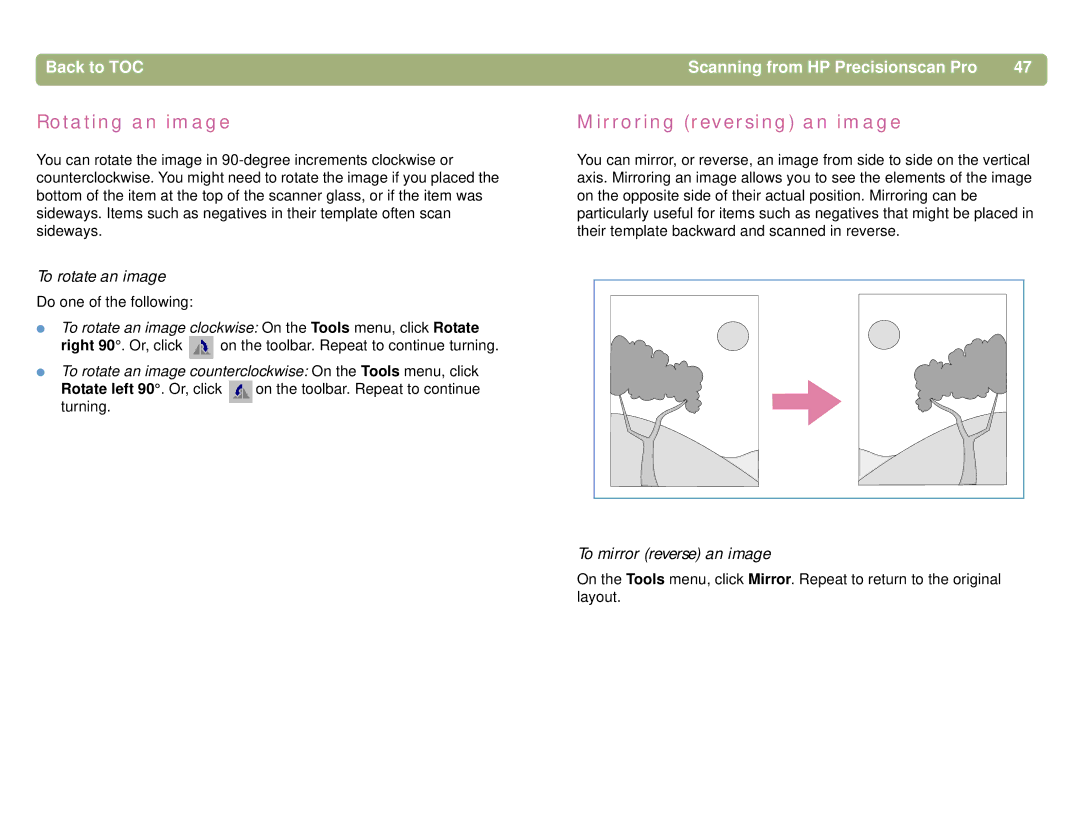 HP 5400C, 4400C manual Rotating an image, Mirroring reversing an image, To rotate an image, To mirror reverse an image 