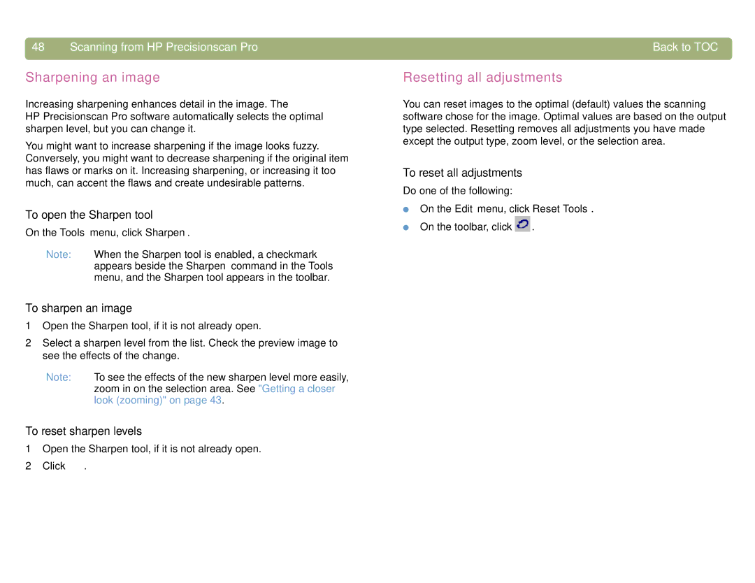 HP 4400C, 5400C manual Sharpening an image, Resetting all adjustments 