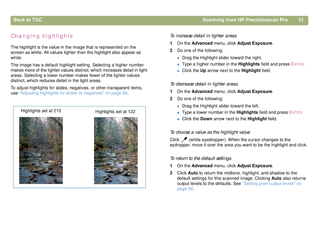 HP 5400C, 4400C manual Changing highlights, To increase detail in lighter areas, To decrease detail in lighter areas 