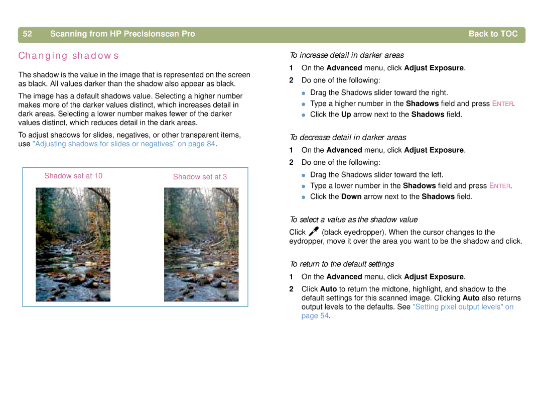 HP 4400C, 5400C manual Changing shadows, To increase detail in darker areas, To decrease detail in darker areas 