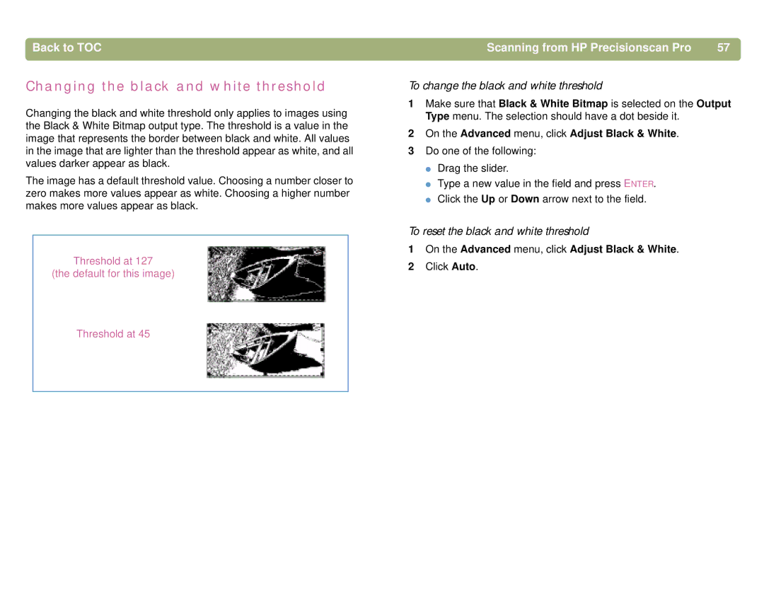 HP 5400C, 4400C manual Changing the black and white threshold, To change the black and white threshold 