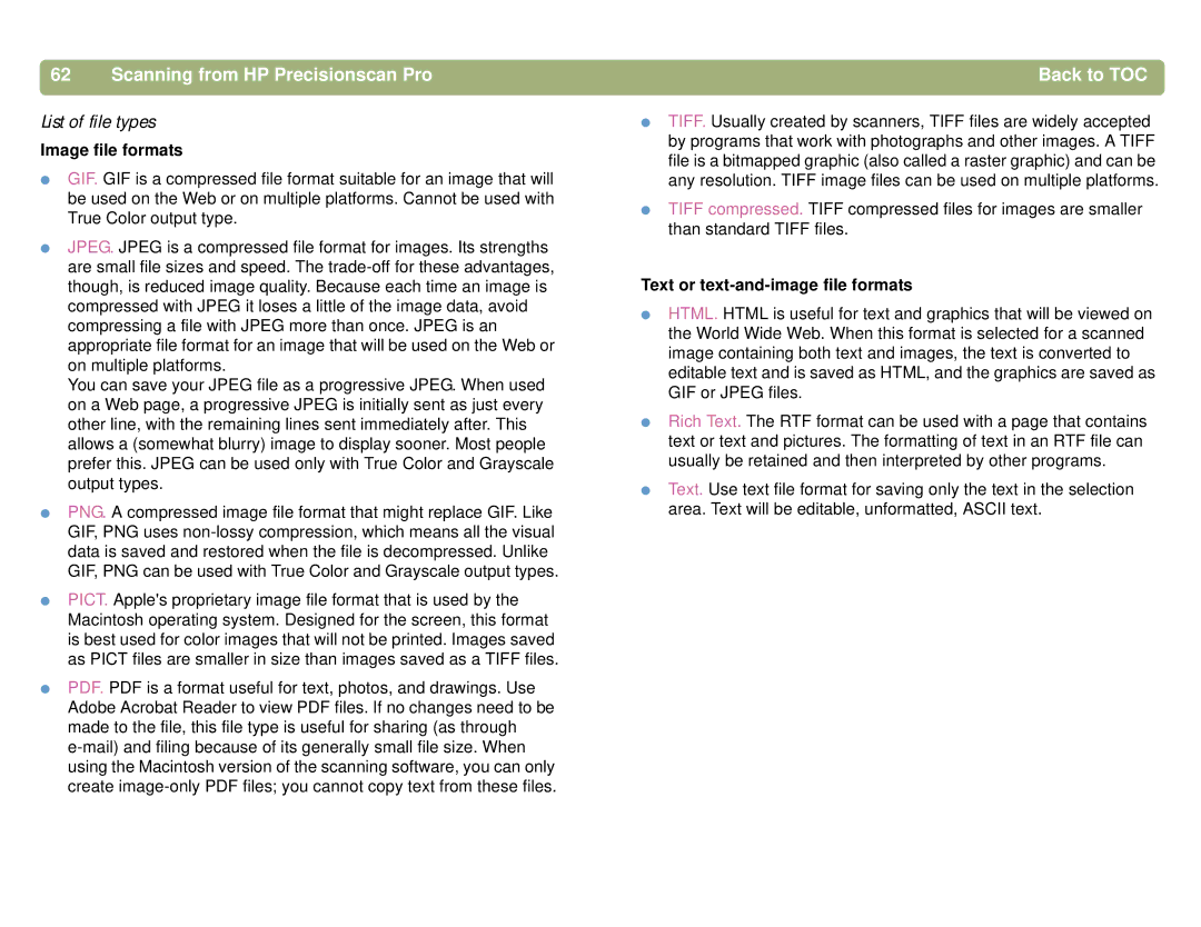 HP 4400C, 5400C manual List of file types, Image file formats 