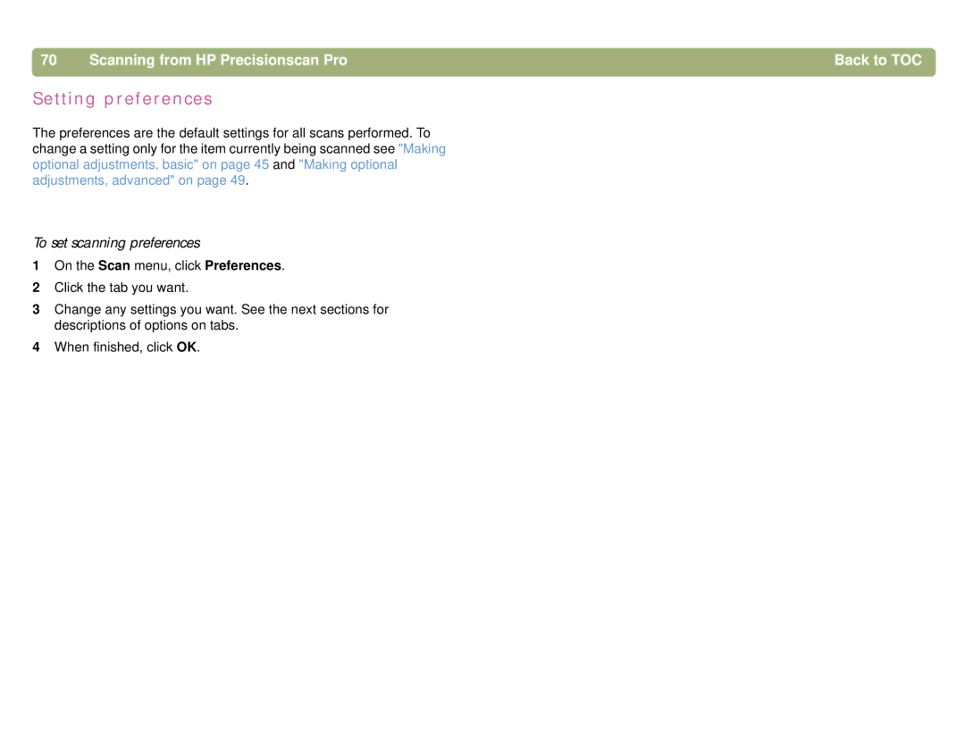 HP 4400C, 5400C manual Setting preferences, To set scanning preferences 