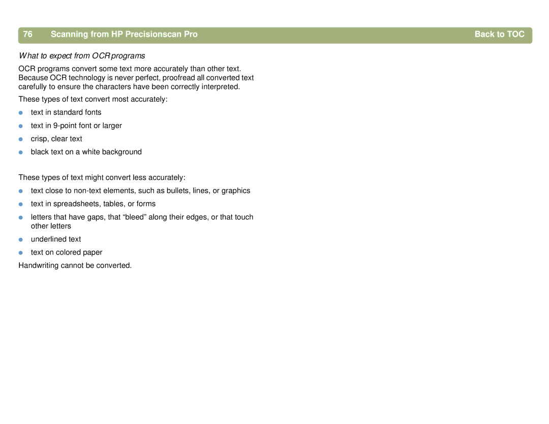 HP 4400C, 5400C manual Scanning from HP Precisionscan Pro Back to TOC, What to expect from OCR programs 