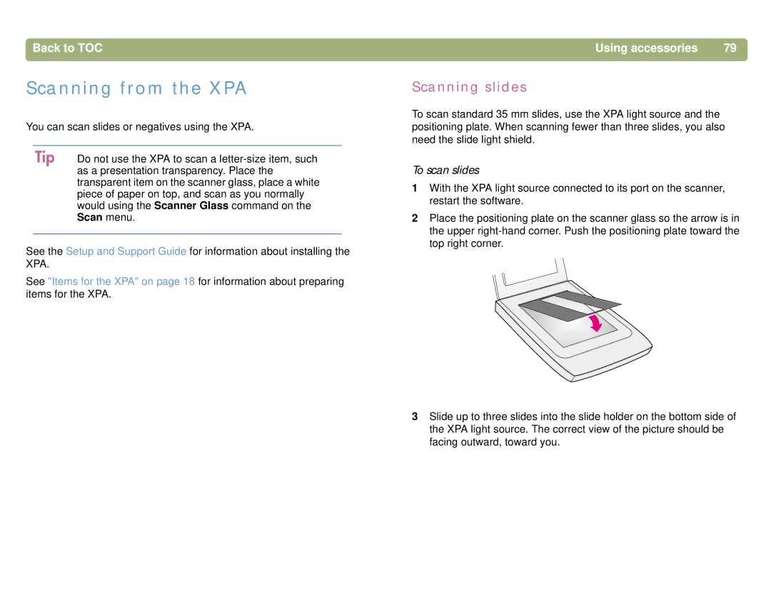 HP 5400C, 4400C manual Scanning from the XPA, Scanning slides, To scan slides 