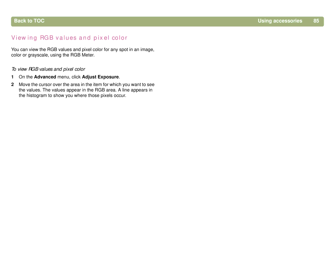 HP 5400C, 4400C manual Viewing RGB values and pixel color, To view RGB values and pixel color 