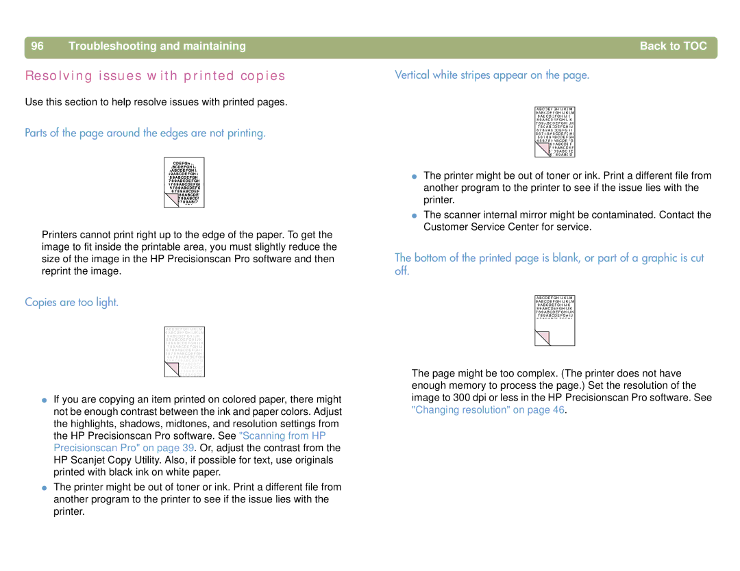 HP 4400C Resolving issues with printed copies, Parts of the page around the edges are not printing, Copies are too light 