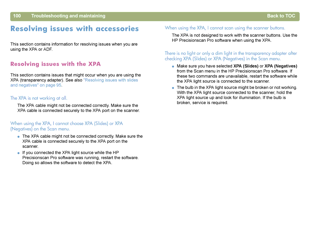 HP 4400C manual Resolving issues with accessories, Resolving issues with the XPA 