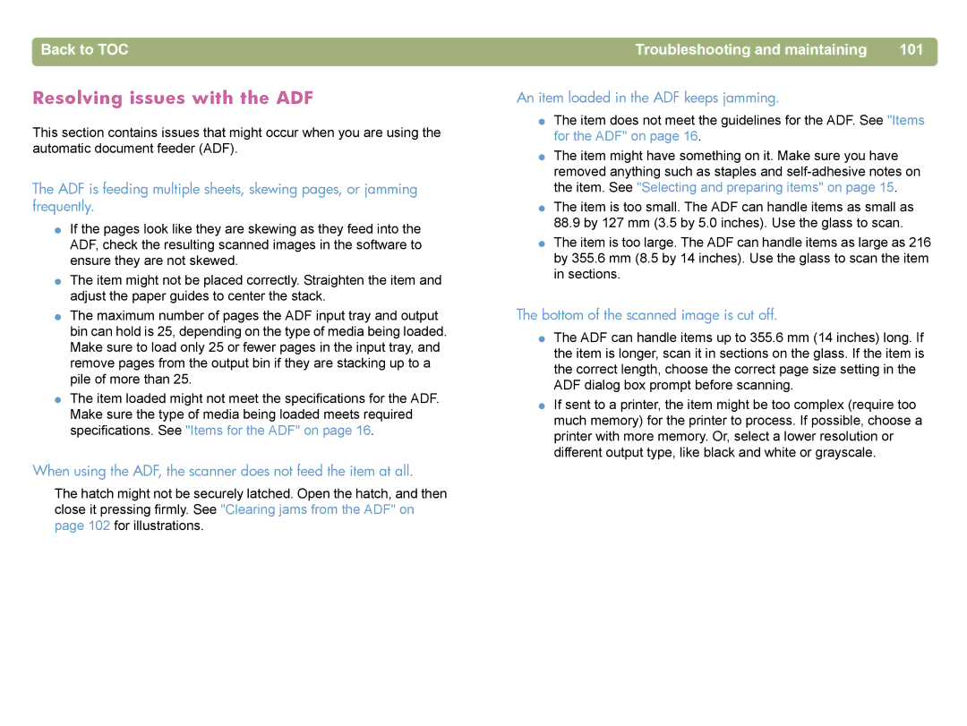 HP 4400C manual Resolving issues with the ADF, Troubleshooting and maintaining 101 