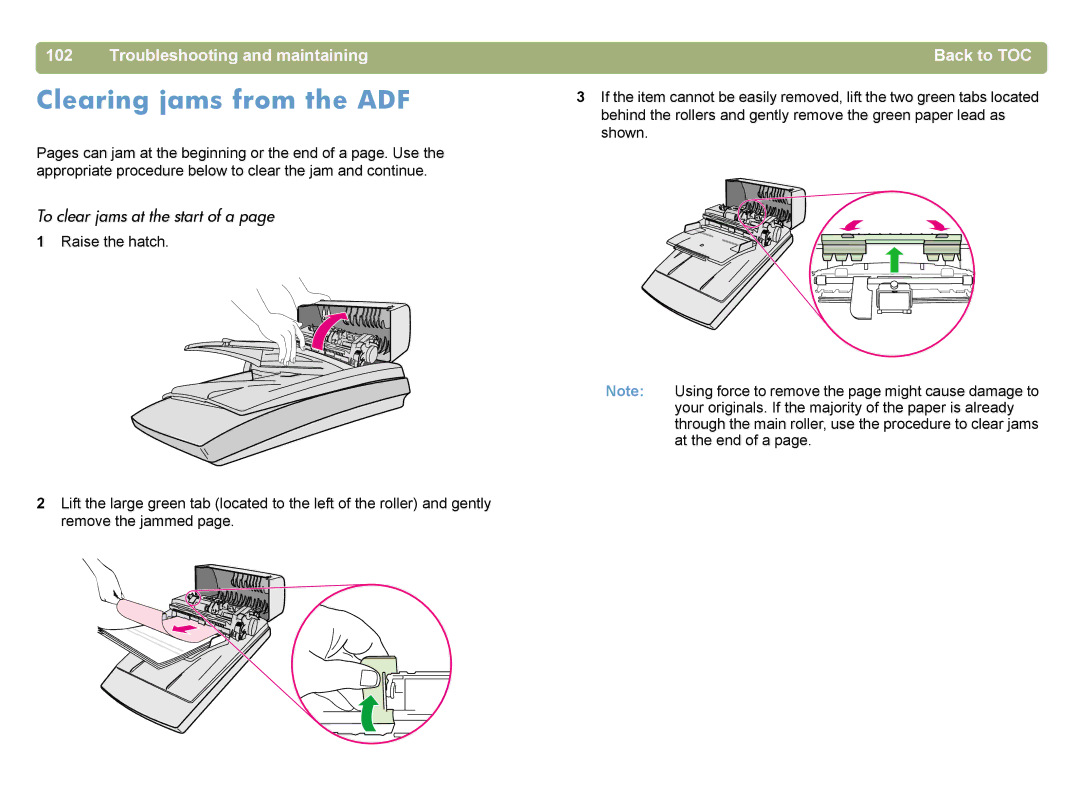 HP 4400C manual Clearing jams from the ADF, To clear jams at the start of a 