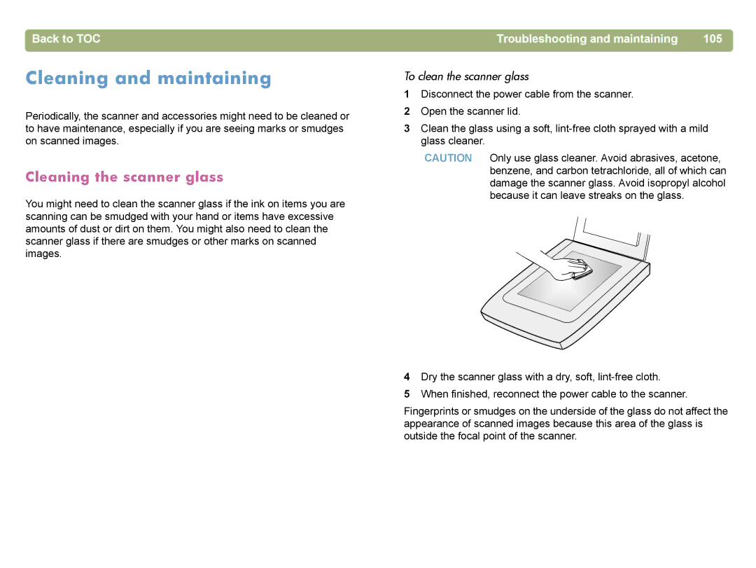 HP 4400C manual Cleaning and maintaining, Cleaning the scanner glass, Troubleshooting and maintaining 105 