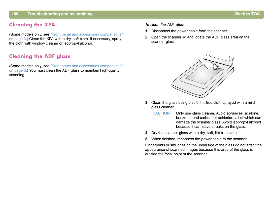 HP 4400C manual Cleaning the XPA, Cleaning the ADF glass, To clean the ADF glass 