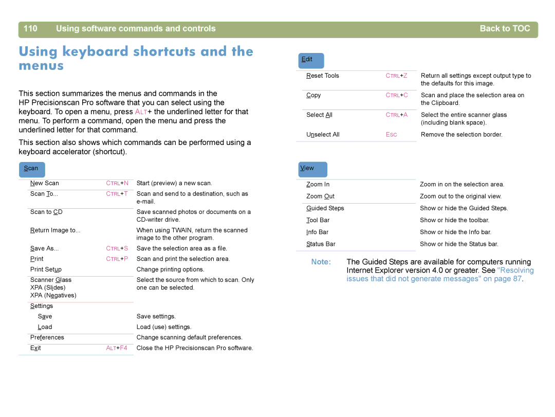 HP 4400C manual Using keyboard shortcuts and the menus, Using software commands and controls Back to TOC 