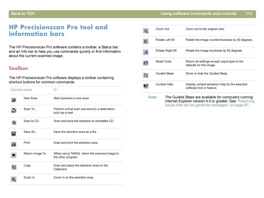HP 4400C manual HP Precisionscan Pro tool and information bars, Toolbar, Using software commands and controls 113 