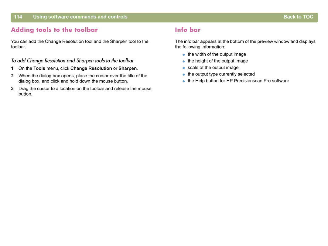 HP 4400C manual Adding tools to the toolbar, Info bar, Using software commands and controls 