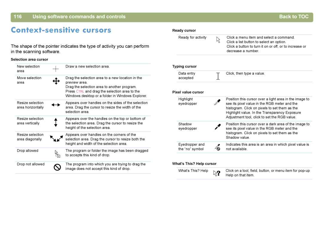 HP 4400C manual Context-sensitive cursors, Selection area cursor 