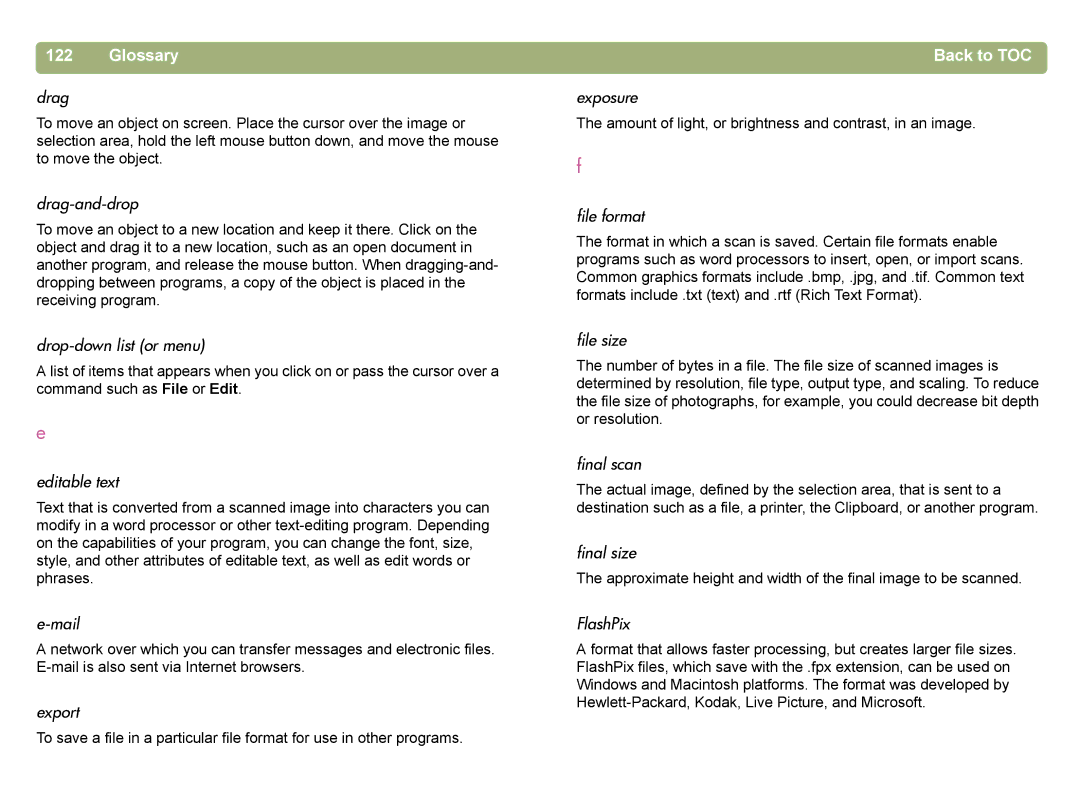 HP 4400C manual Drag-and-drop, Drop-down list or menu, Editable text, Mail, Export, Exposure, File format, File size 