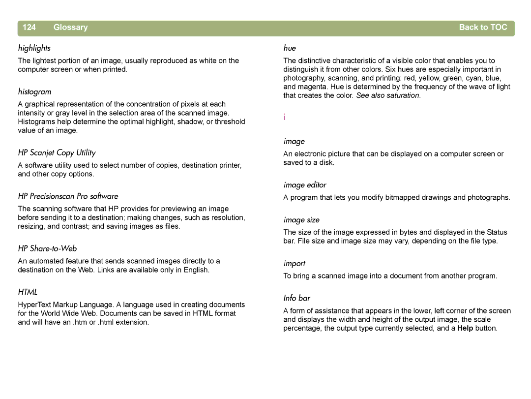 HP 4400C manual Highlights, Histogram, HP Scanjet Copy Utility, HP Precisionscan Pro software, HP Share-to-Web, Hue, Image 