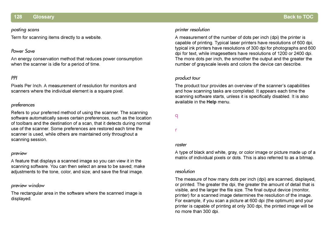 HP 4400C Posting scans, Power Save, Preferences, Preview window, Printer resolution, Product tour, Raster, Resolution 