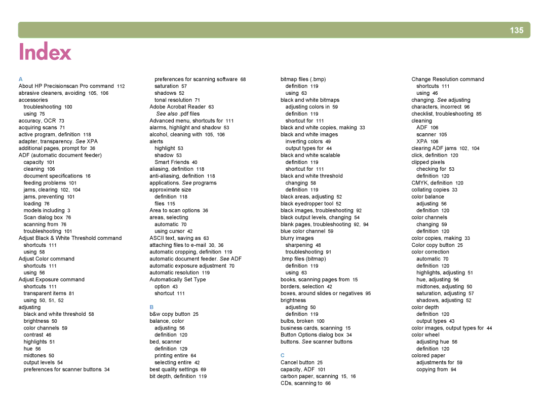 HP 4400C manual Index, 135 