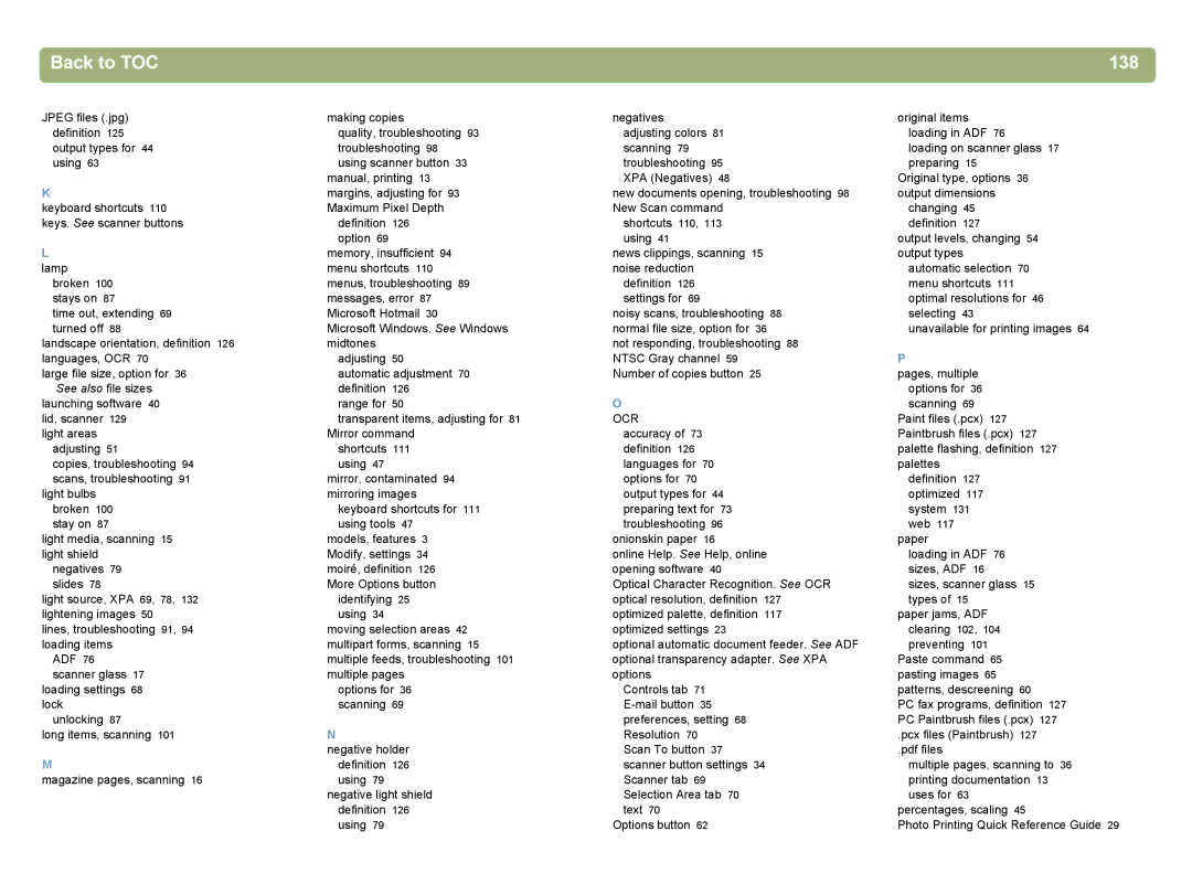 HP 4400C manual Back to TOC 138, Ocr 