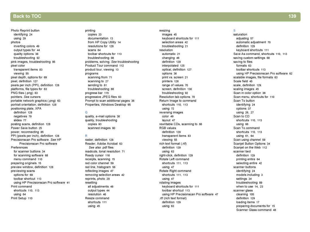 HP 4400C manual Back to TOC 139 