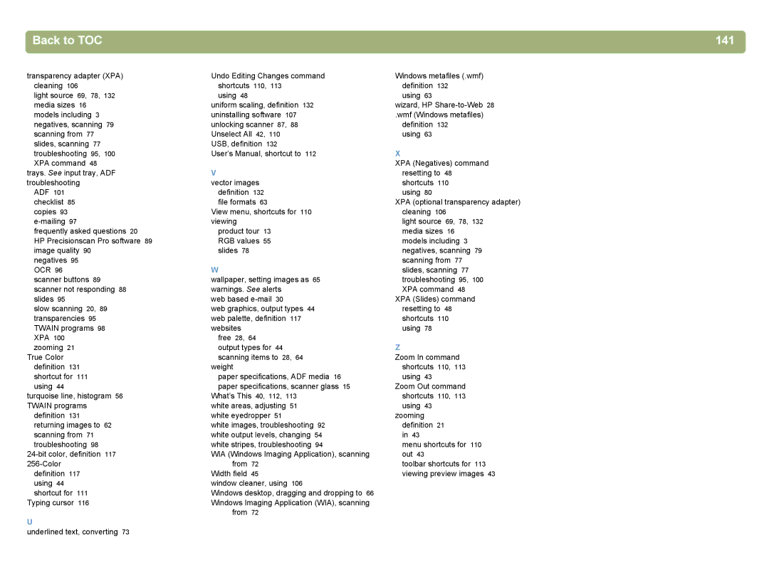 HP 4400C manual Back to TOC 141 