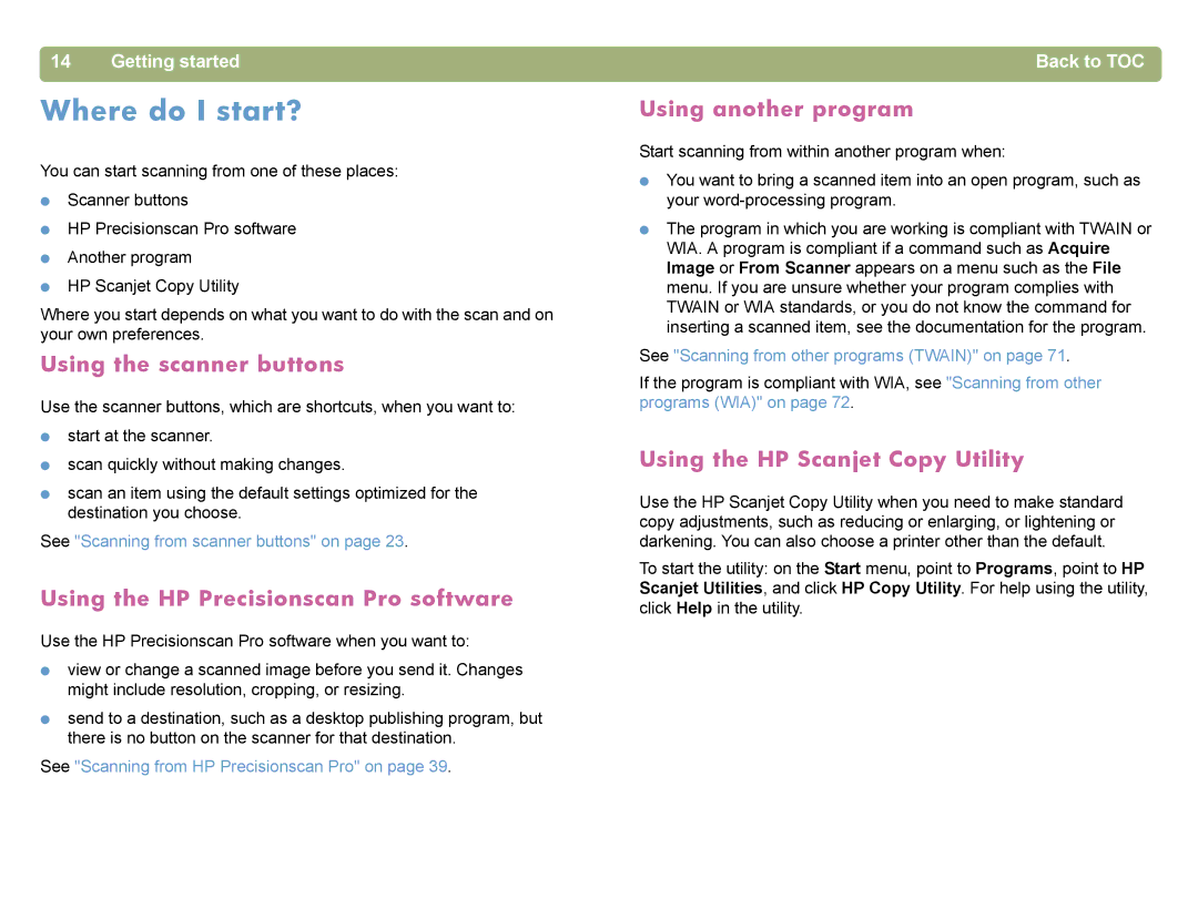 HP 4400C Where do I start?, Using the scanner buttons, Using the HP Precisionscan Pro software, Using another program 