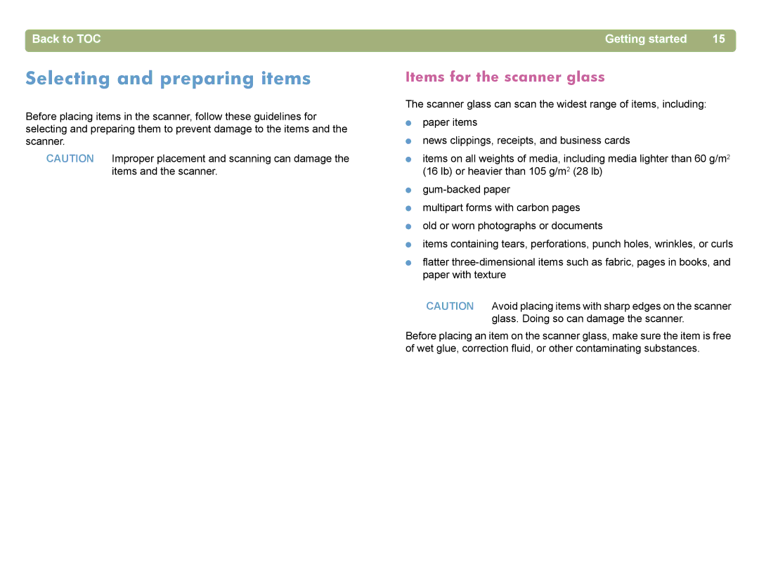 HP 4400C manual Selecting and preparing items, Items for the scanner glass 