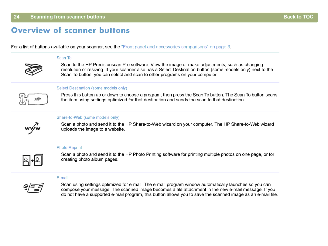 HP 4400C manual Overview of scanner buttons, Scanning from scanner buttons Back to TOC 