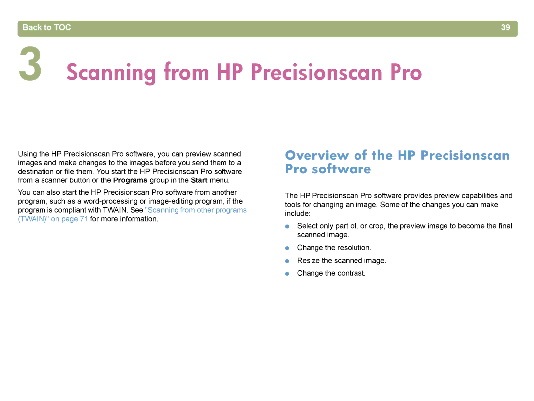 HP 4400C manual Scanning from HP Precisionscan Pro, Overview of the HP Precisionscan Pro software 