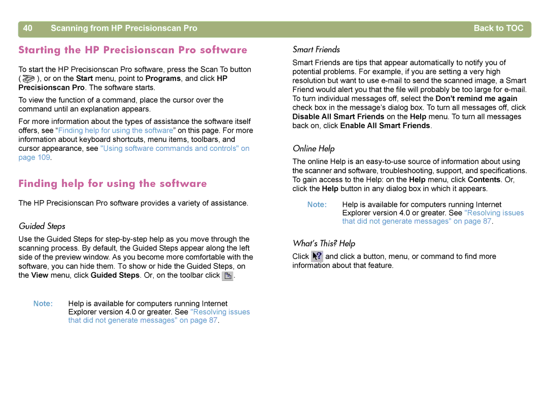 HP 4400C manual Starting the HP Precisionscan Pro software, Finding help for using the software 