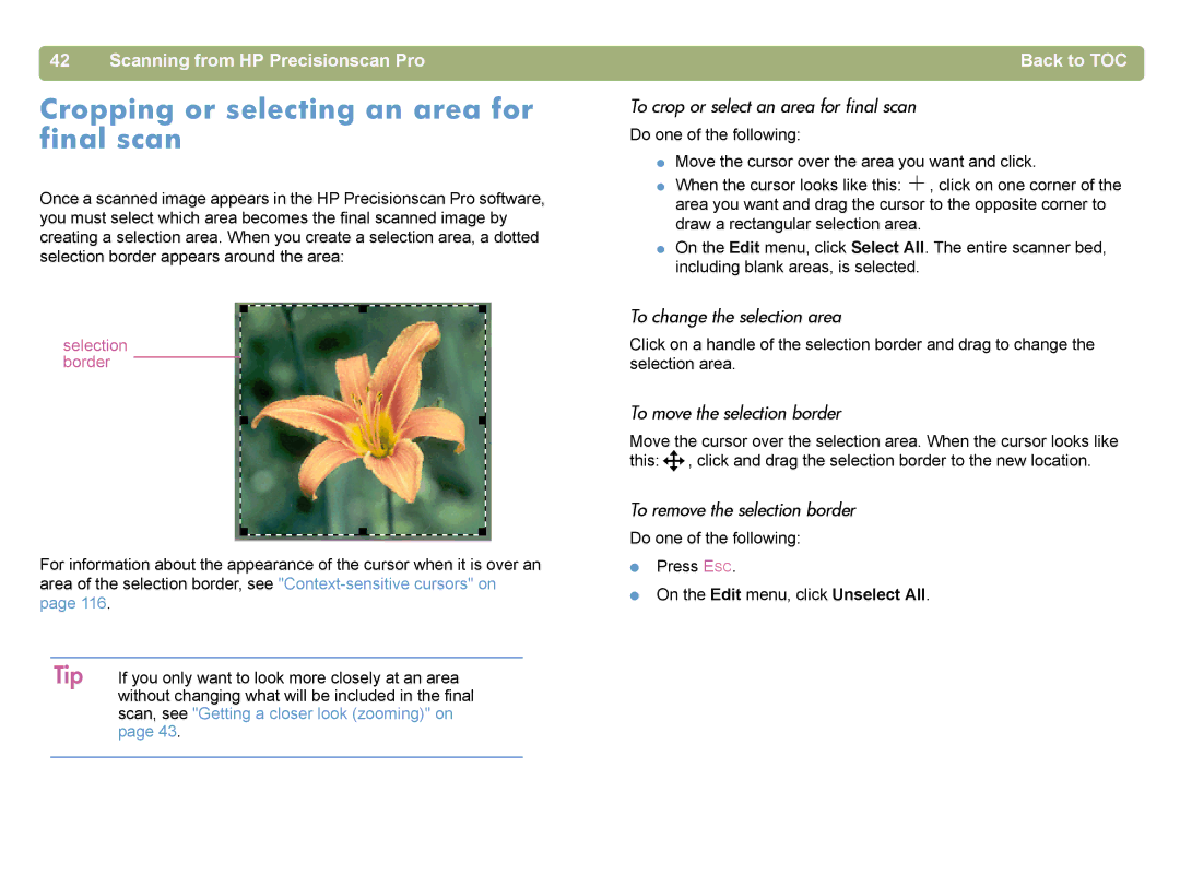 HP 4400C manual Cropping or selecting an area for final scan, To crop or select an area for final scan 