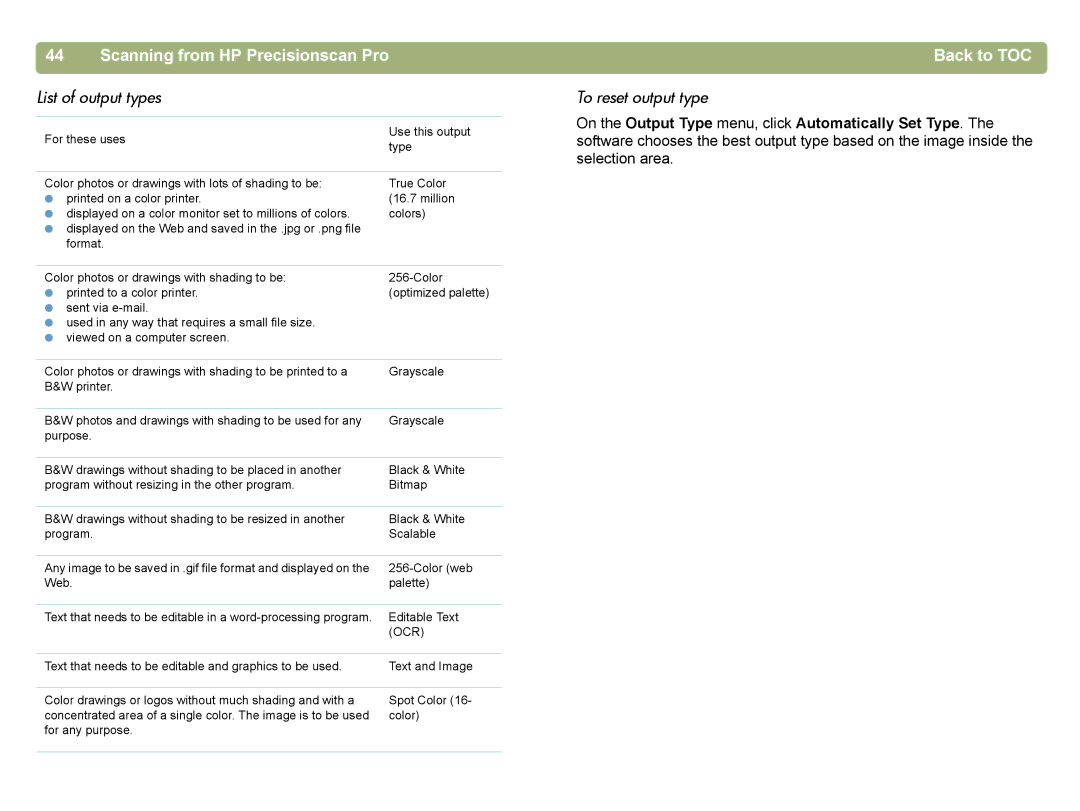 HP 4400C manual List of output types, To reset output type 