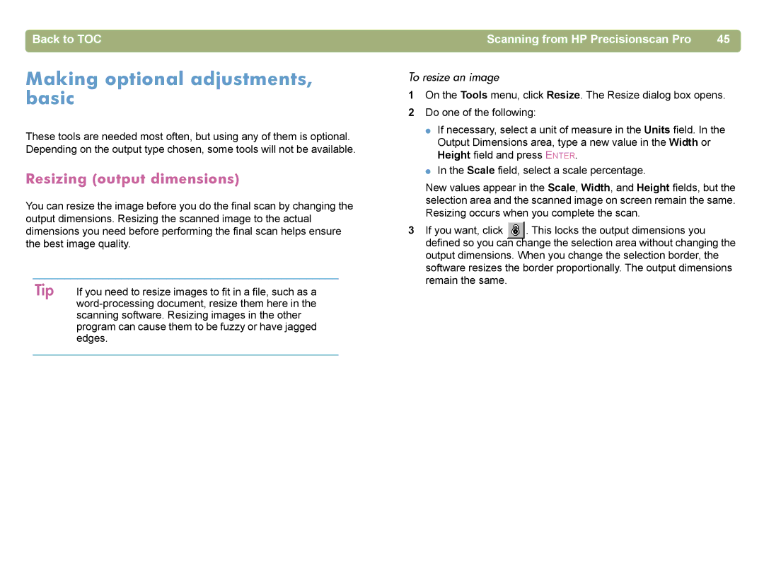 HP 4400C manual Making optional adjustments, basic, Resizing output dimensions, To resize an image 