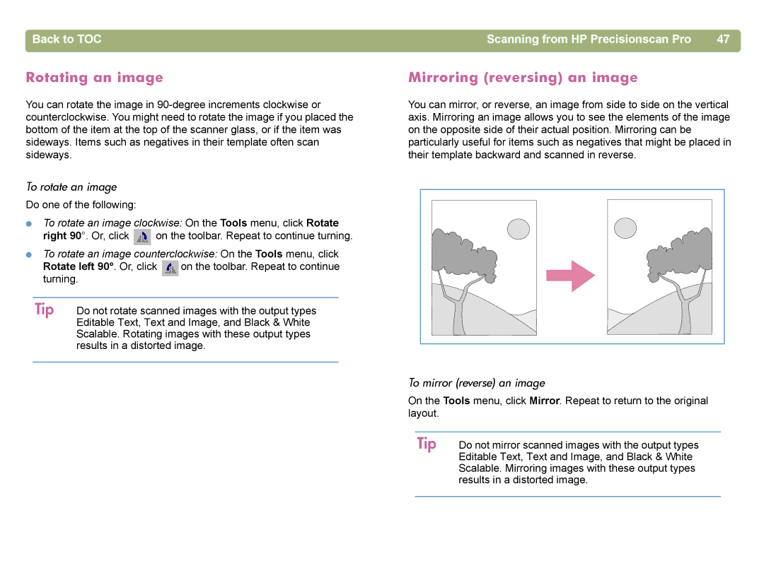 HP 4400C manual Rotating an image, Mirroring reversing an image, To rotate an image, To mirror reverse an image 