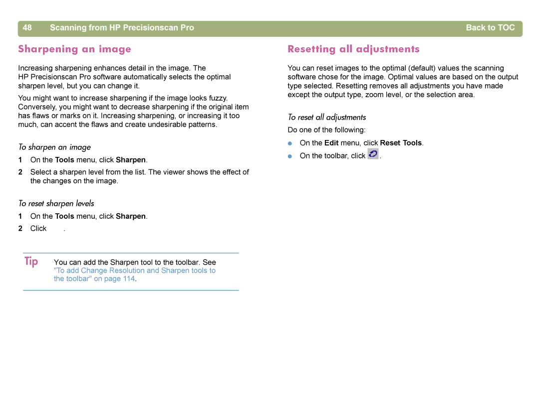 HP 4400C manual Sharpening an image, Resetting all adjustments, To sharpen an image, To reset sharpen levels 