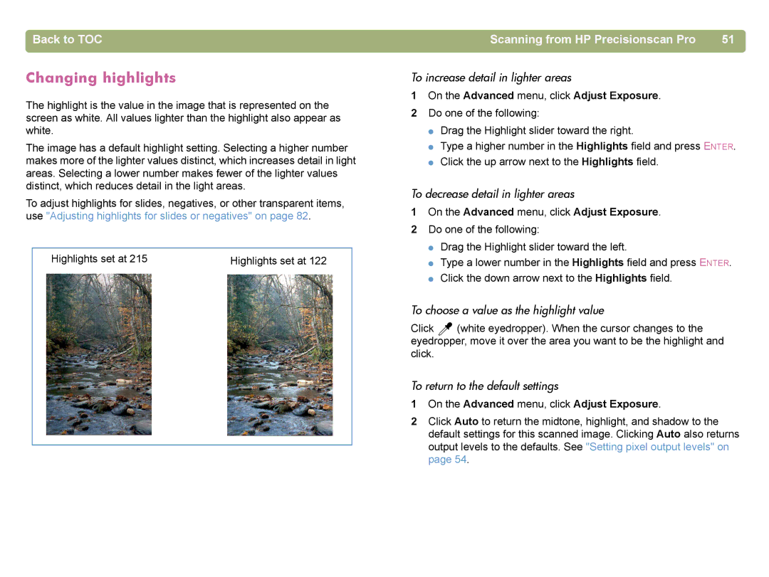 HP 4400C manual Changing highlights, To increase detail in lighter areas, To decrease detail in lighter areas 