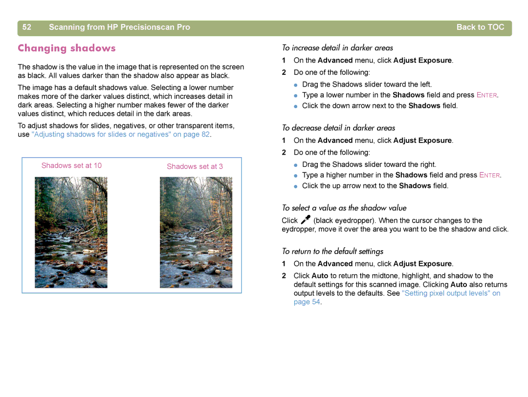 HP 4400C manual Changing shadows, To increase detail in darker areas, To decrease detail in darker areas 