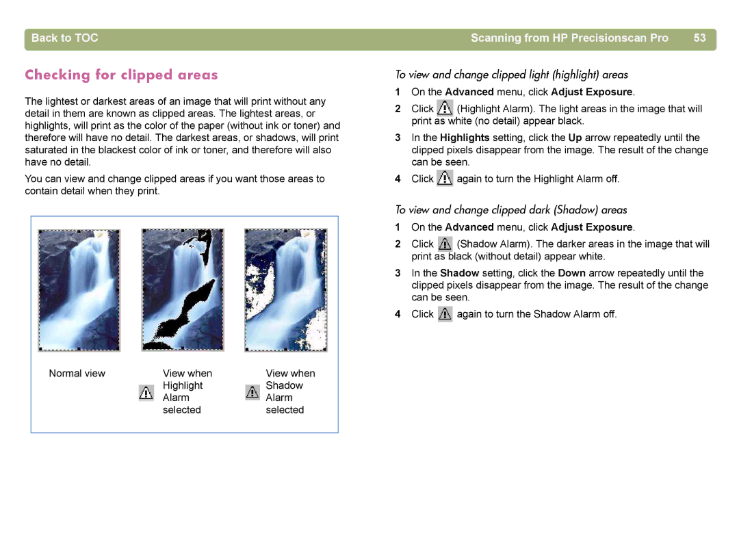 HP 4400C manual Checking for clipped areas, To view and change clipped light highlight areas 