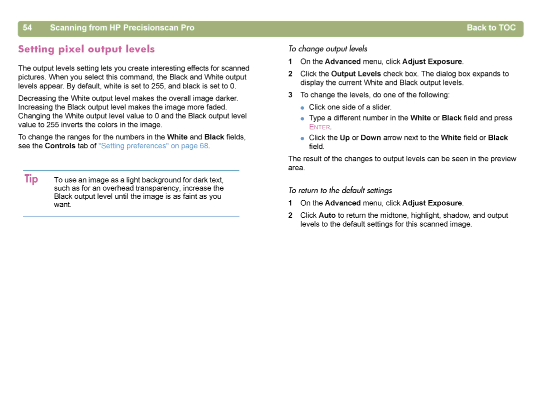 HP 4400C manual Setting pixel output levels, Scanning from HP Precisionscan ProBack to TOC, To change output levels 